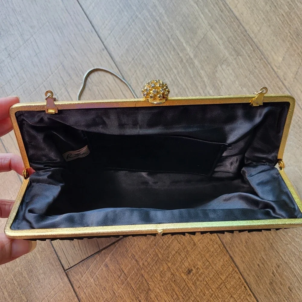 Regale Ltd Vintage Black Pleated Satin Clutch Rhinestone Clasp Gold Chain